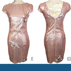 LOB Rose Gold Sequin Size X-Small Embroidery Birds V-Back Sparkly Mini Dress NWT